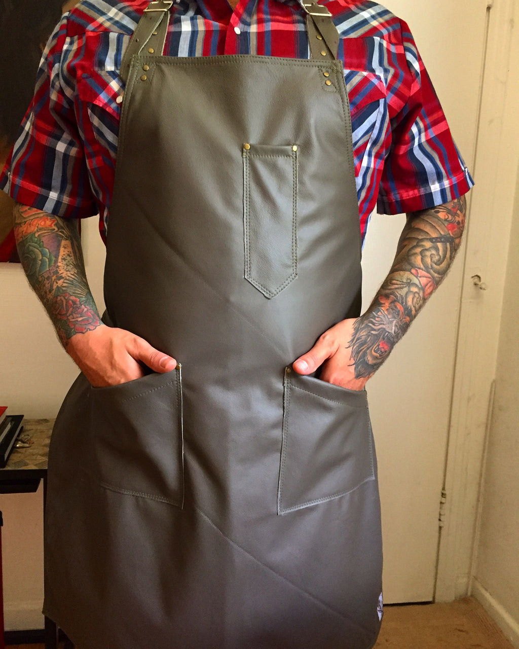 Grey leather apron
