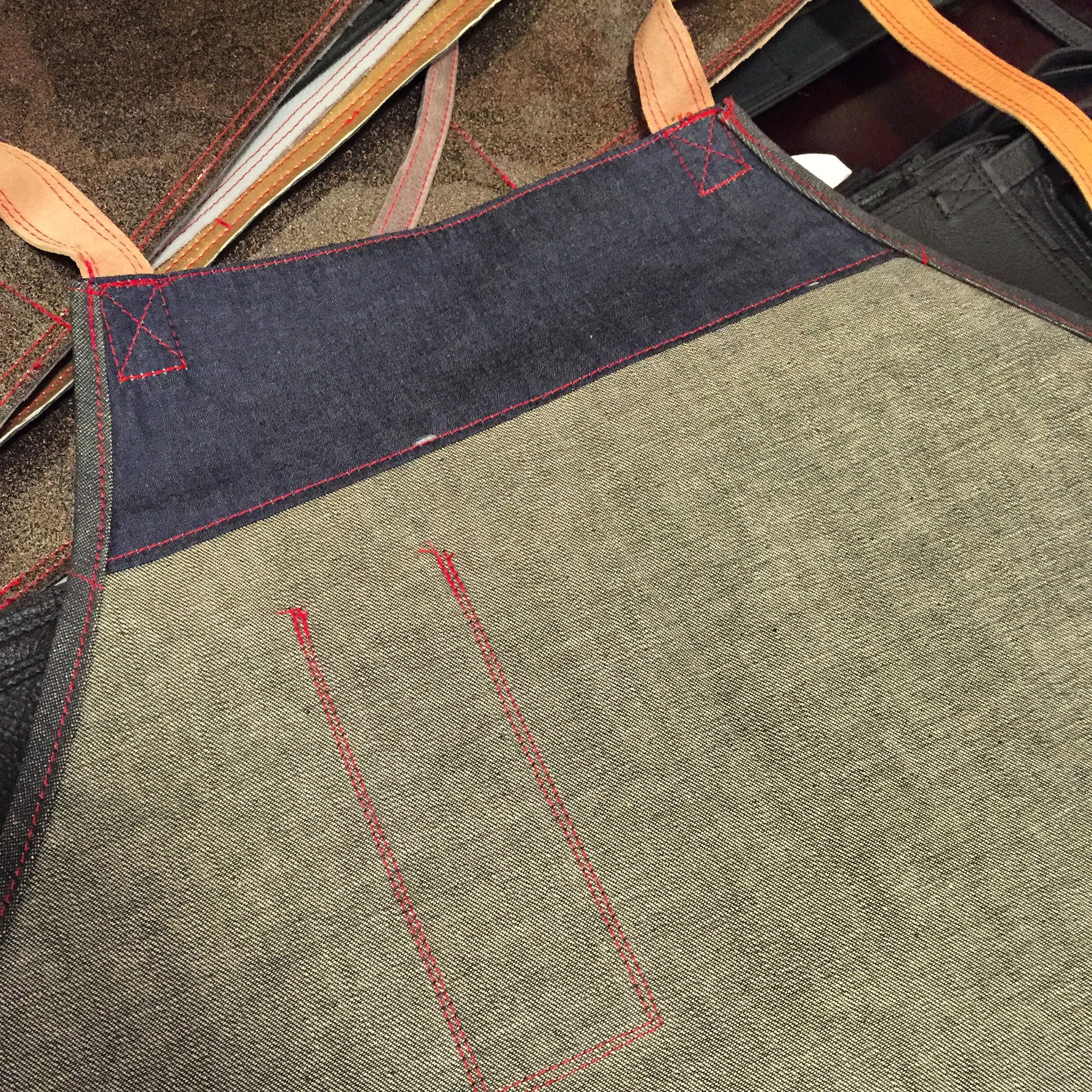 denim and leather crossback apron