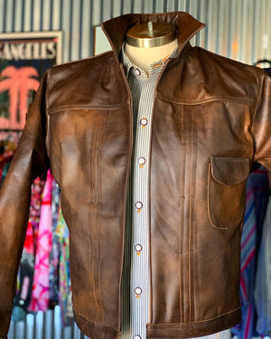 “Late for the race” darker brown leather jacket
