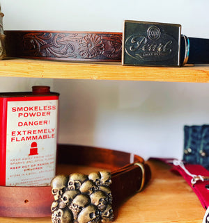Vintage brass Pearl Beer with embossed flowers leather belt