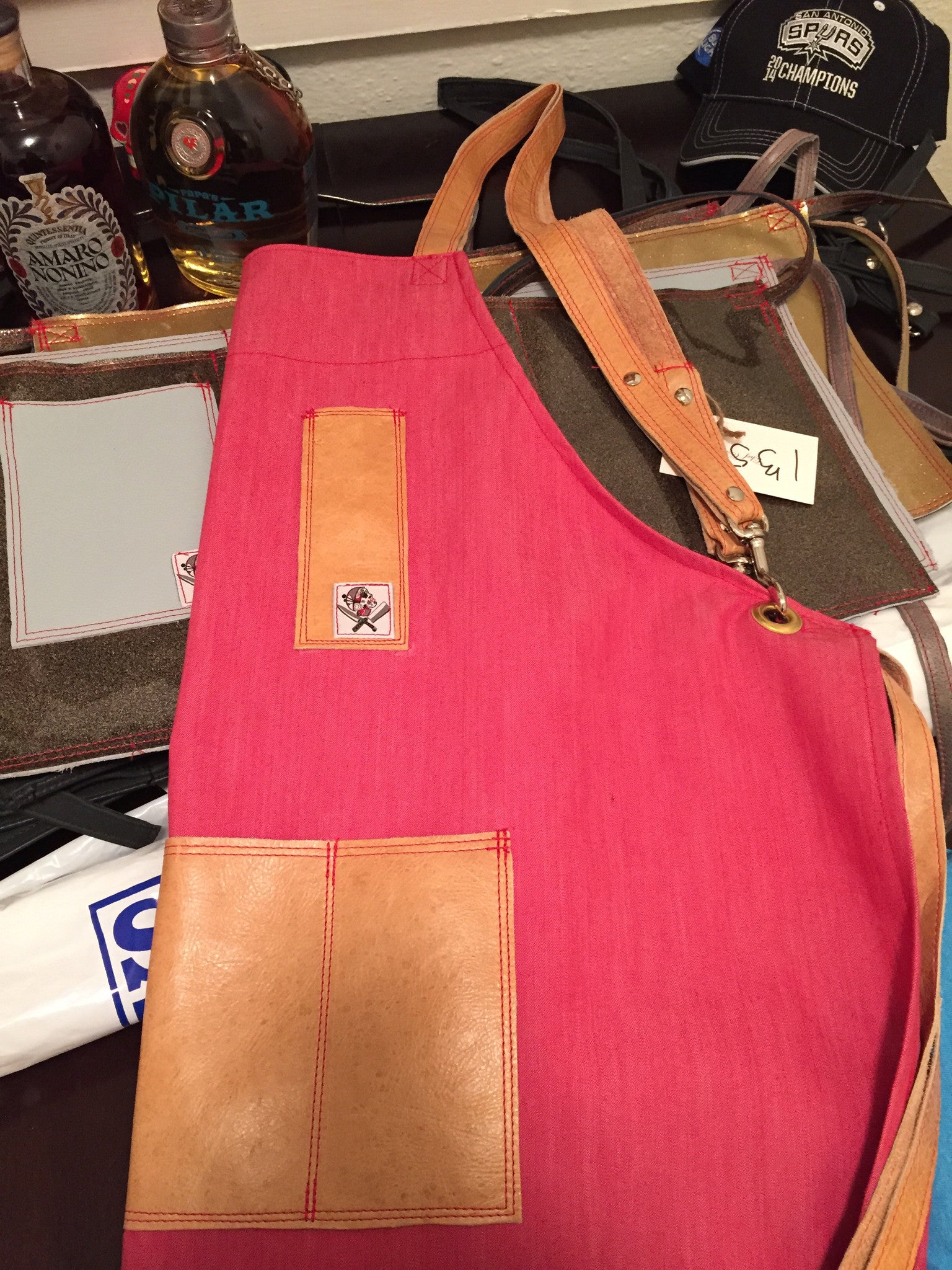 denim and leather crossback apron