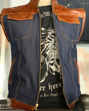 El Jefe Motorcycle vest denim & cognac leather