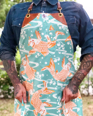 “Don’t be Koi with me” Apron with cognac leather