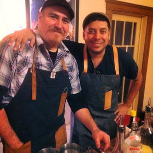 denim and leather crossback apron