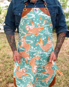 “Don’t be Koi with me” Apron with cognac leather