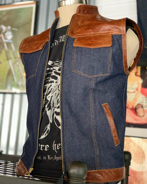 El Jefe Motorcycle vest denim & cognac leather