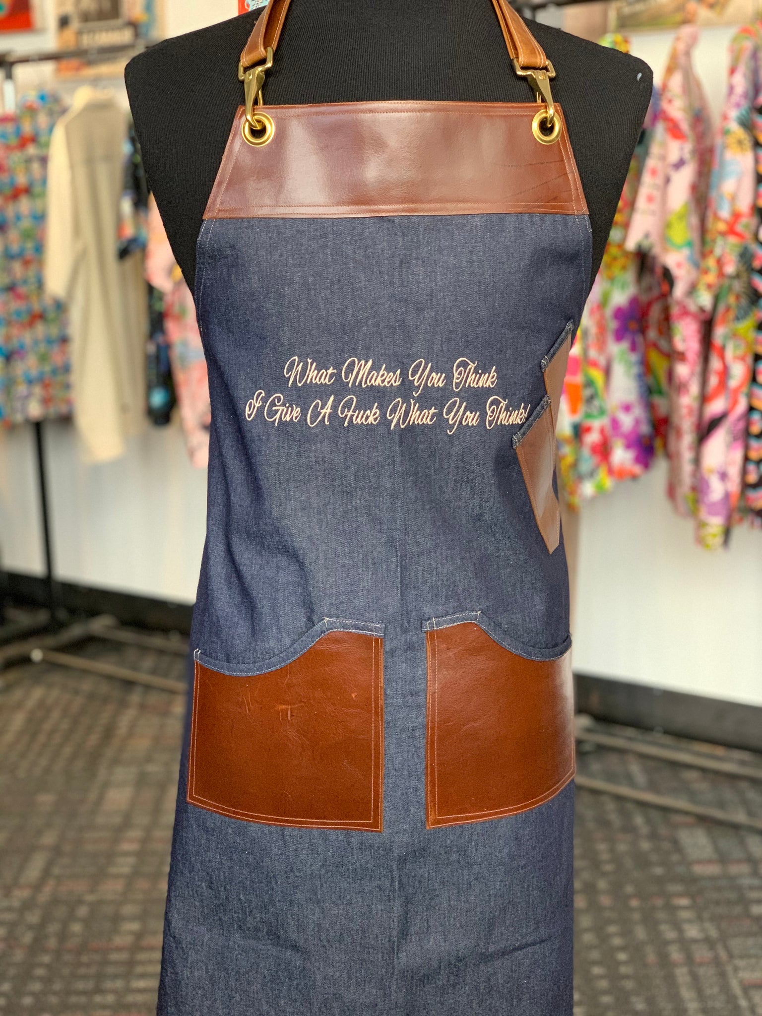 Custom two line embroidery apron with Leather